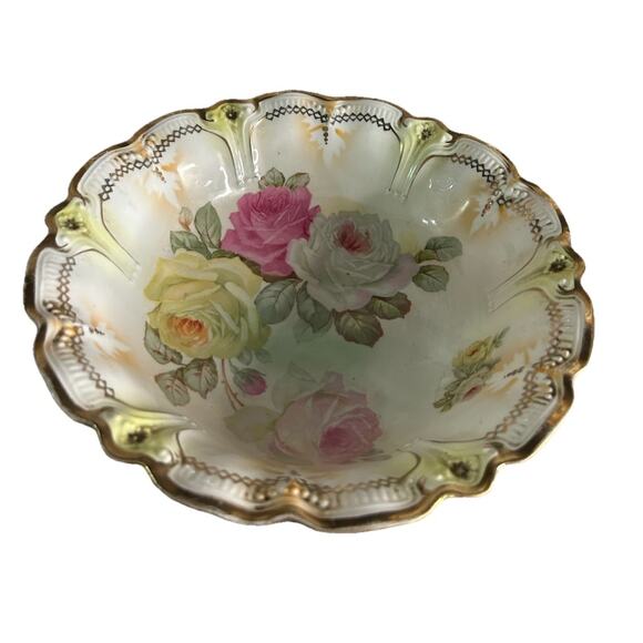 10” German Serving Bowl Rose Floral Scalloped Gold Pink Green Vintage Germany - Picture 1 of 4